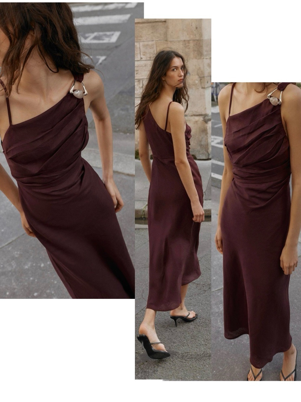 ZARA Eggplant Burgundy 100% Linen Asymmetrical Midi Dress Gold Detail Size M NWT
